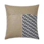 BEIGE FAUX LEATHER & BLACK GEOMETRIC LOGO MONOGRAM PATCHWORK CUSHION