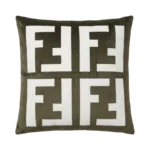 OLIVE GREEN SATIN CUSHION WITH WHITE GEOMETRIC MONOGRAM APPLIQUÉ