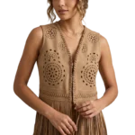 PERORATED WESTREN SUEDE OPEN-FRONT VEST WITH FRINGE